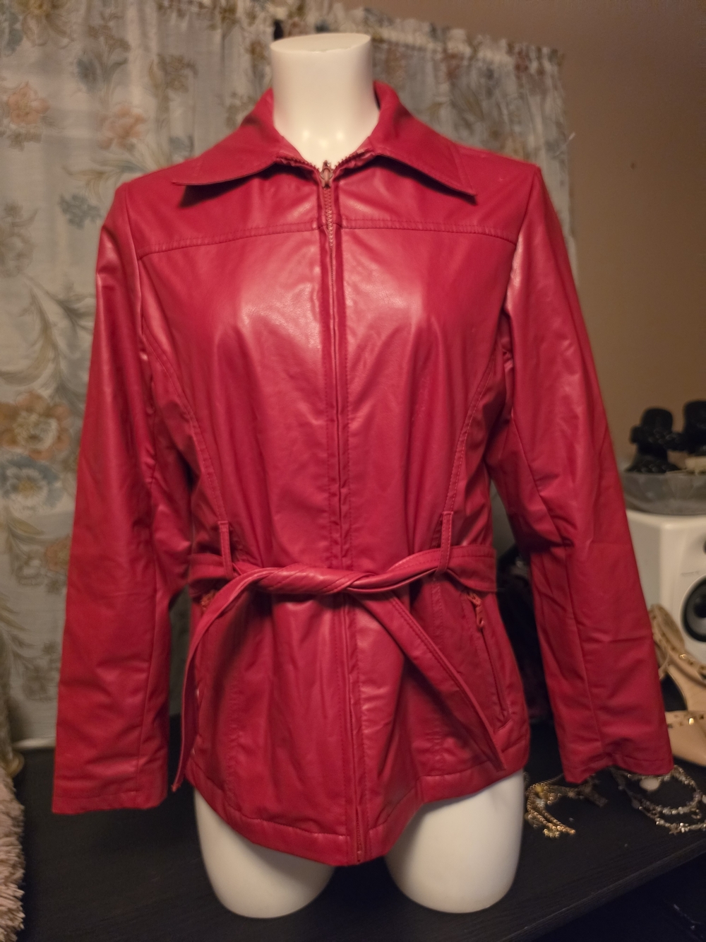 Vintage 2000s Y2k White Stag Red Faux Leather Belted Jacket